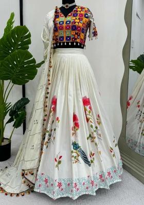 White Embroidered Blended Lehenga Set With Dupatta