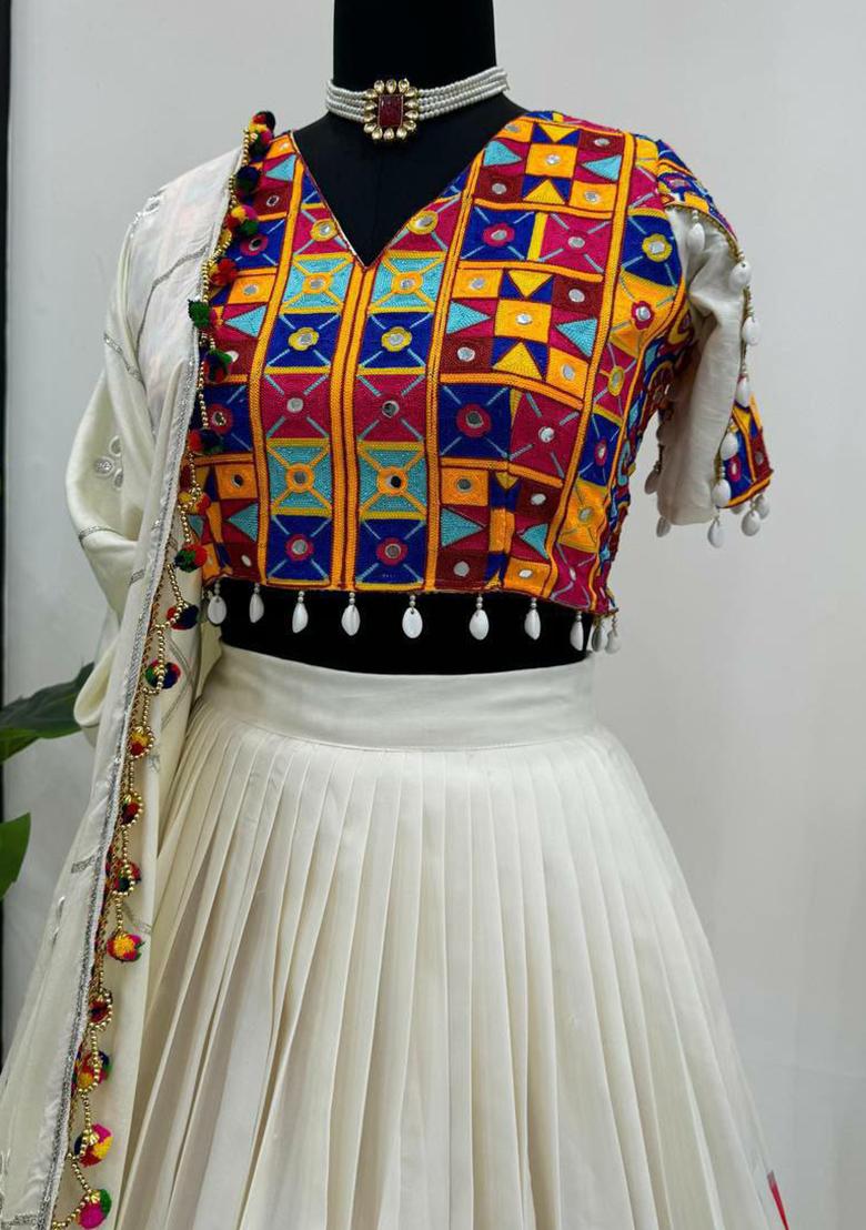 White Embroidered Blended Lehenga Set With Dupatta - Indya