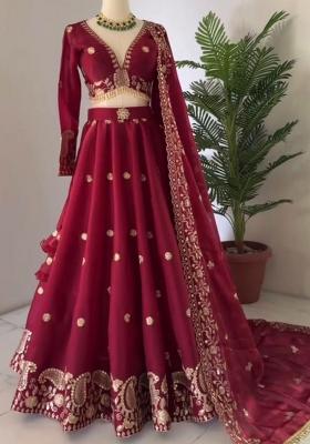 Maroon Embroidered Blended Lehenga Set With Dupatta