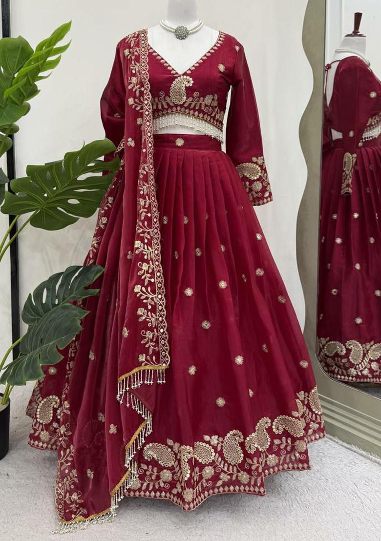 Maroon Embroidered Blended Lehenga Set With Dupatta - Indya