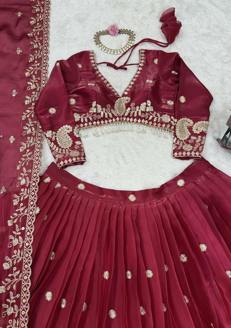 Maroon Embroidered Blended Lehenga Set With Dupatta - Indya