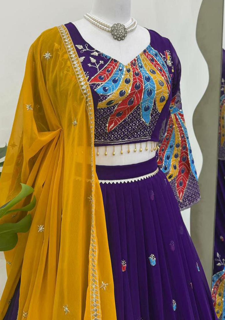 Maroon Embroidered Blended Lehenga Set With Dupatta - Indya