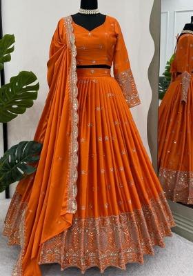 Orange Embroidered Blended Lehenga Set With Dupatta