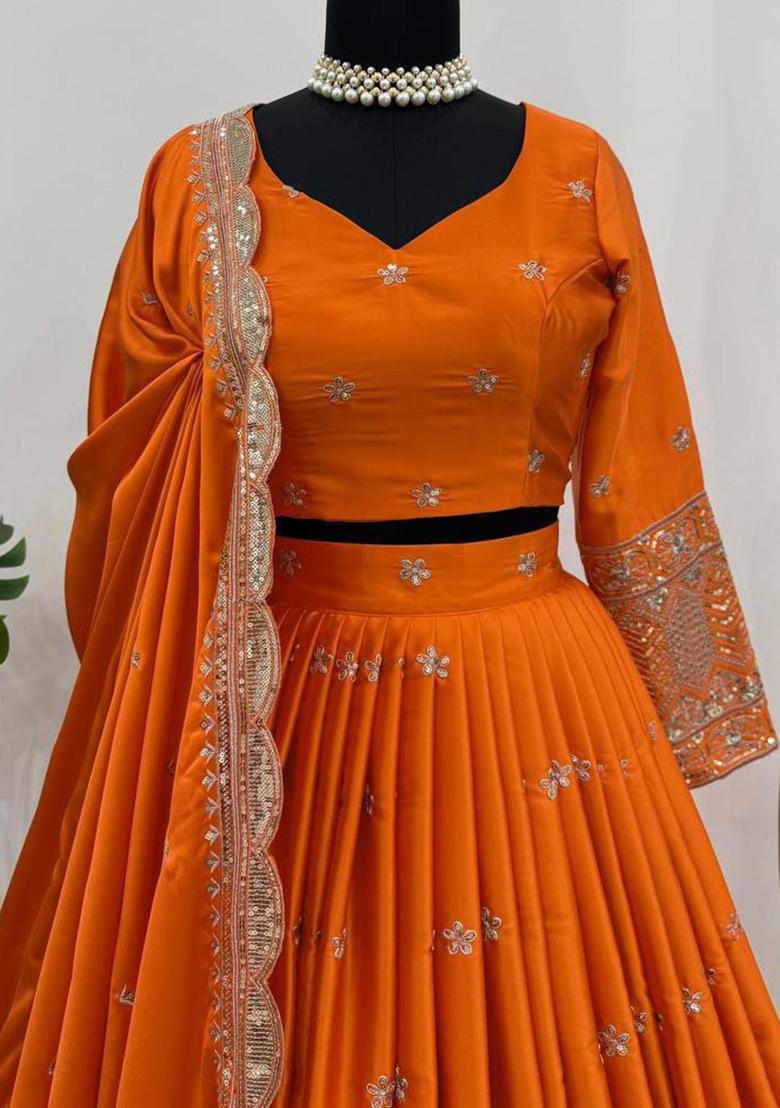 Orange Embroidered Blended Lehenga Set With Dupatta - Indya