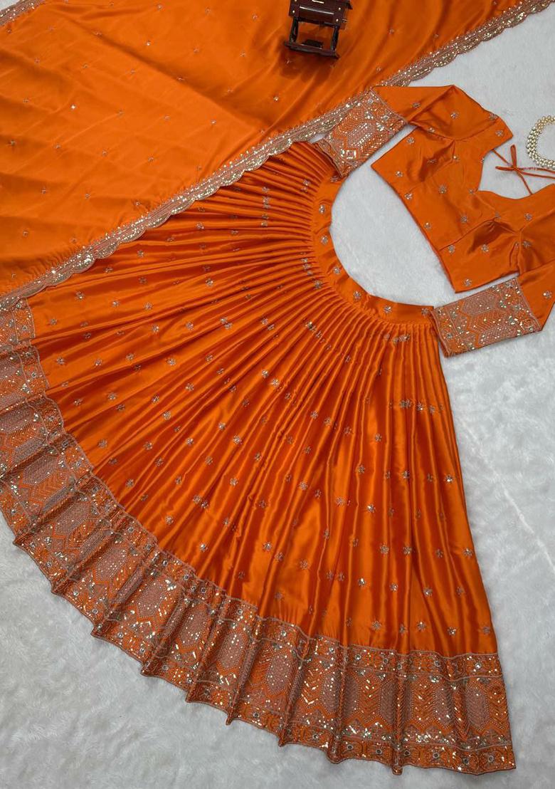 Orange Embroidered Blended Lehenga Set With Dupatta - Indya