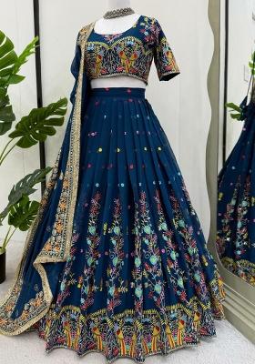 Navy Blue Embroidered Blended Lehenga Set With Dupatta