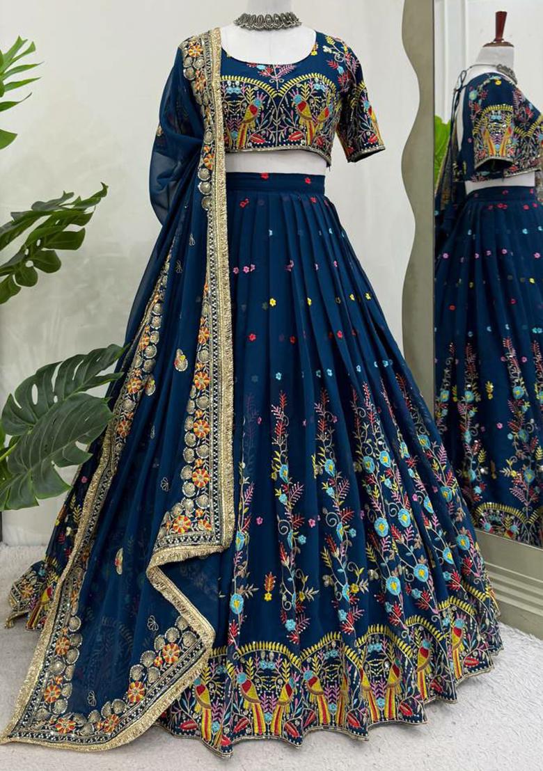Navy Blue Embroidered Blended Lehenga Set With Dupatta - Indya