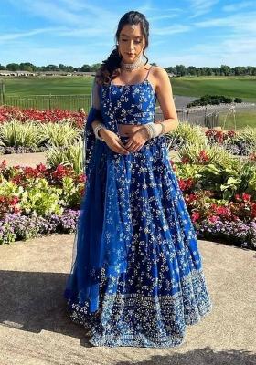 Blue Embroidered Blended Lehenga Set With Dupatta