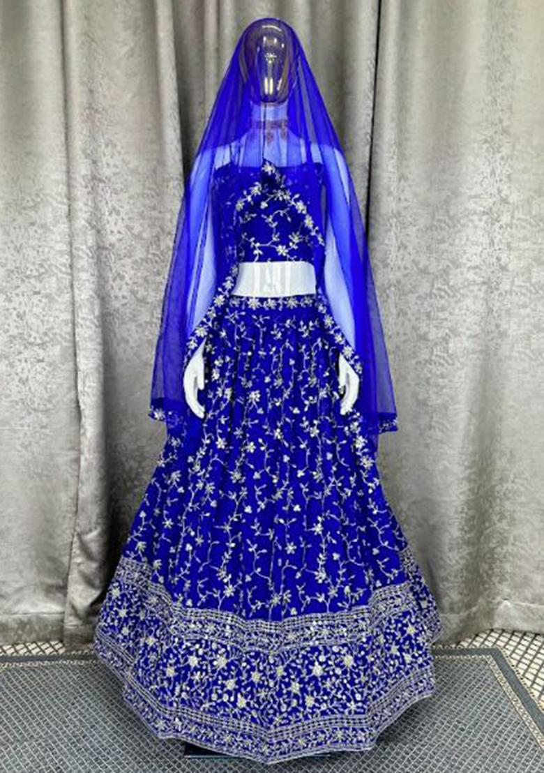 Blue Embroidered Blended Lehenga Set With Dupatta - Indya
