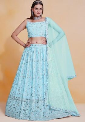Light Blue Embroidered Blended Lehenga Set With Dupatta