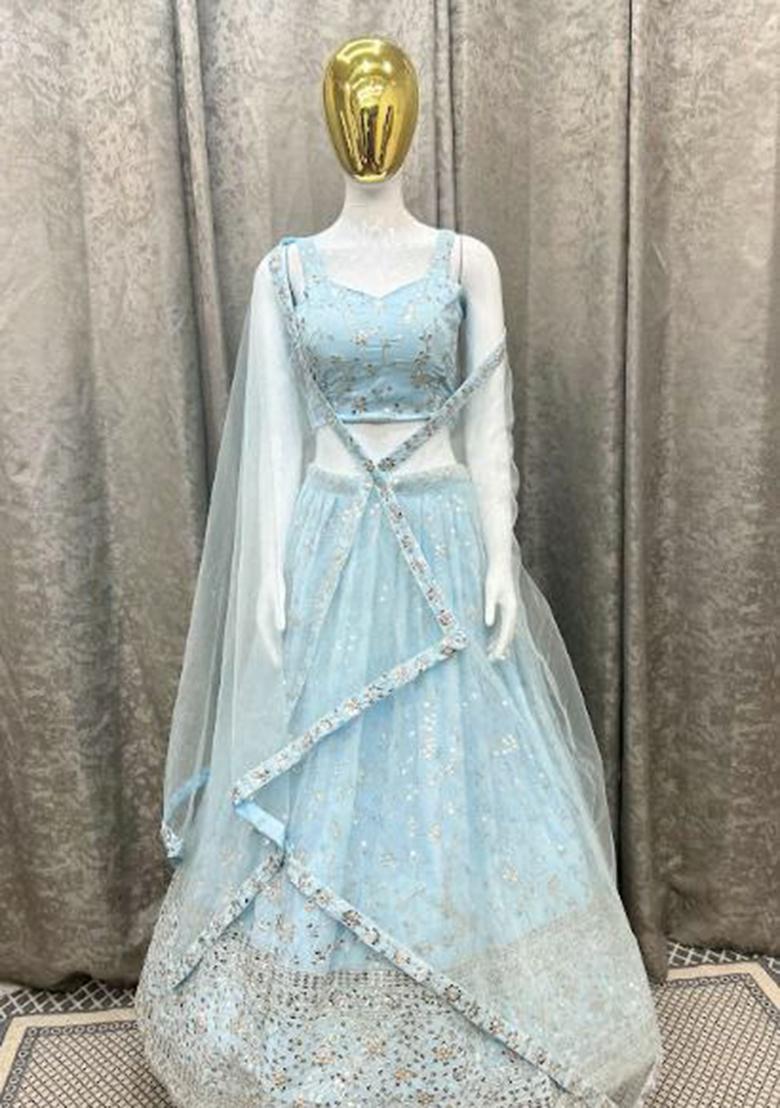 Light Blue Embroidered Blended Lehenga Set With Dupatta - Indya