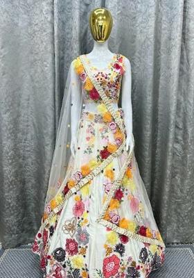 Multi Color Embroidered Blended Lehenga Set With Dupatta