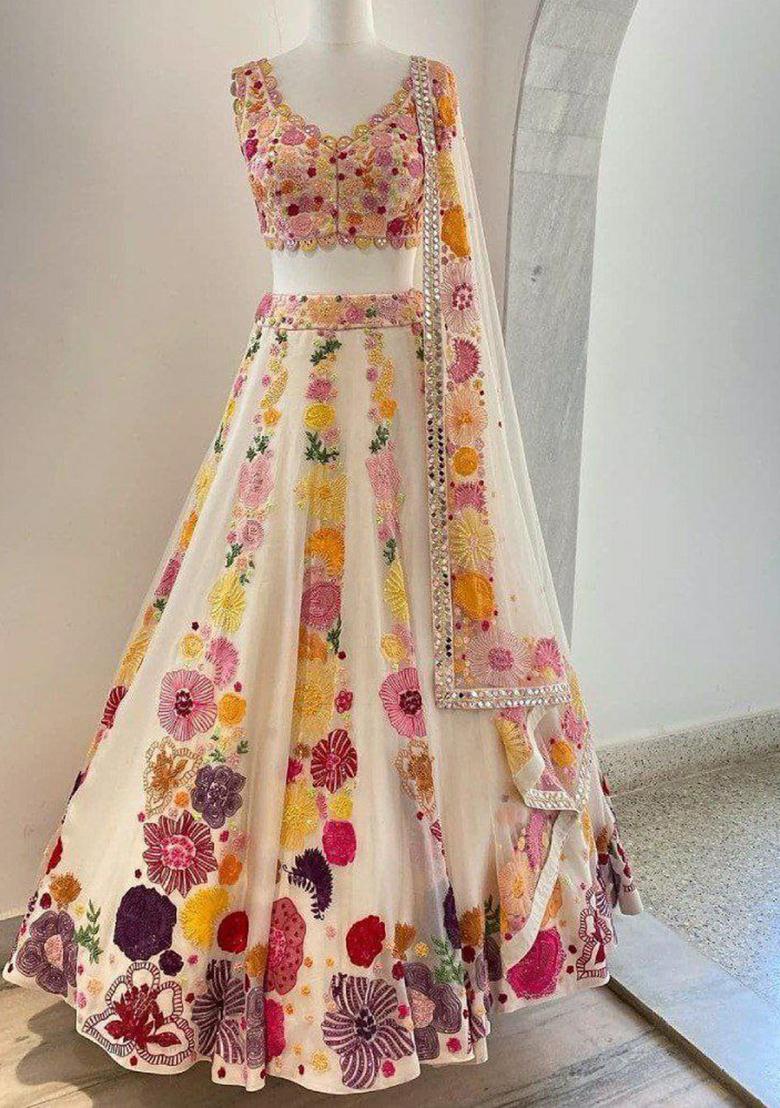 Multi Color Embroidered Blended Lehenga Set With Dupatta - Indya