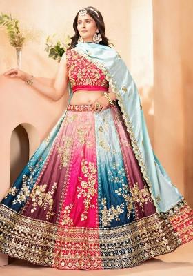 Multi Color Embroidered Blended Lehenga Set With Dupatta