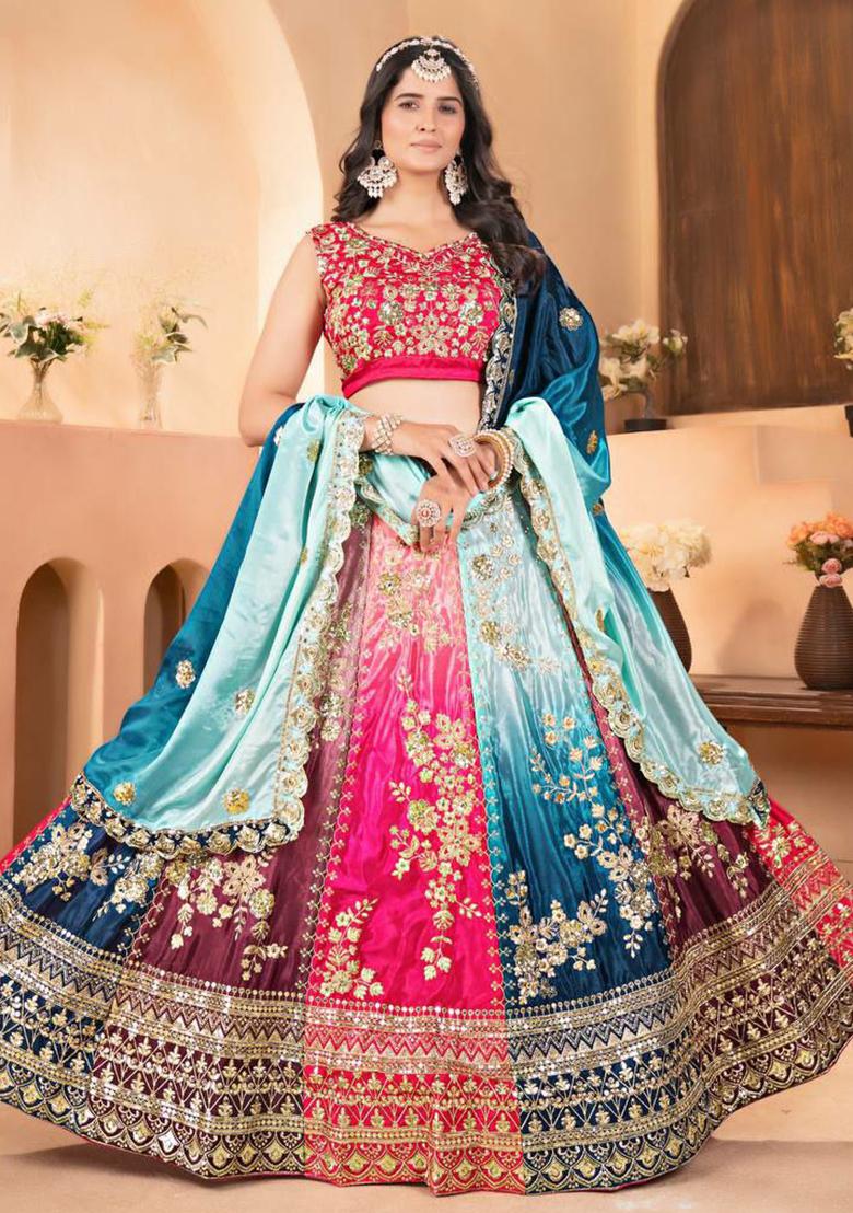 Multi Color Embroidered Blended Lehenga Set With Dupatta - Indya