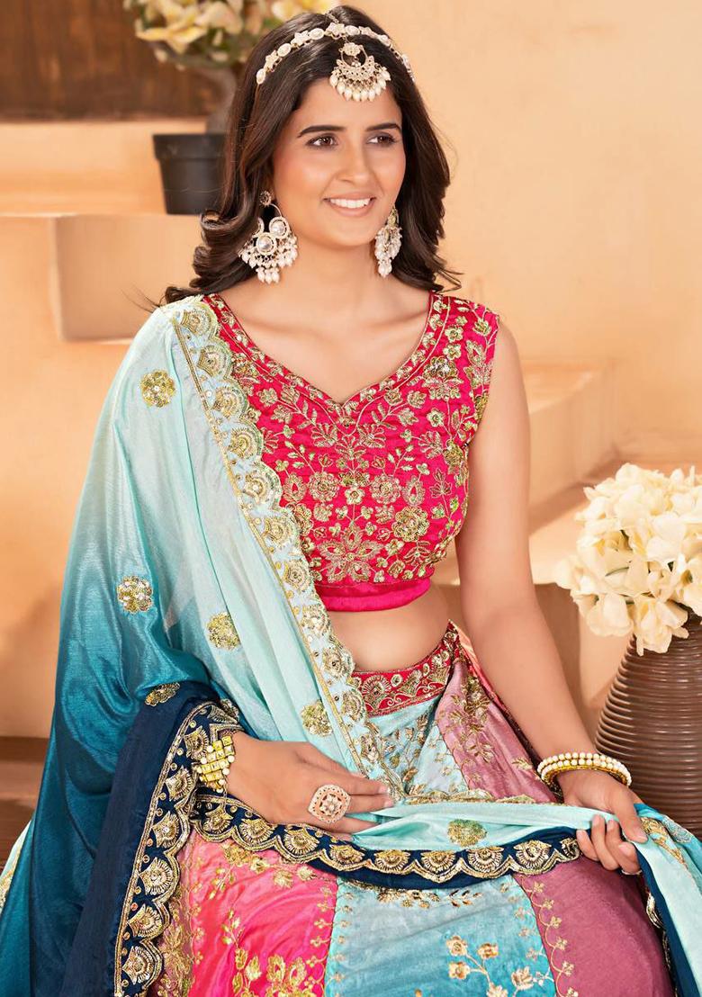 Multi Color Embroidered Blended Lehenga Set With Dupatta - Indya