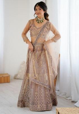 Cream Embroidered Blended Lehenga Set With Dupatta