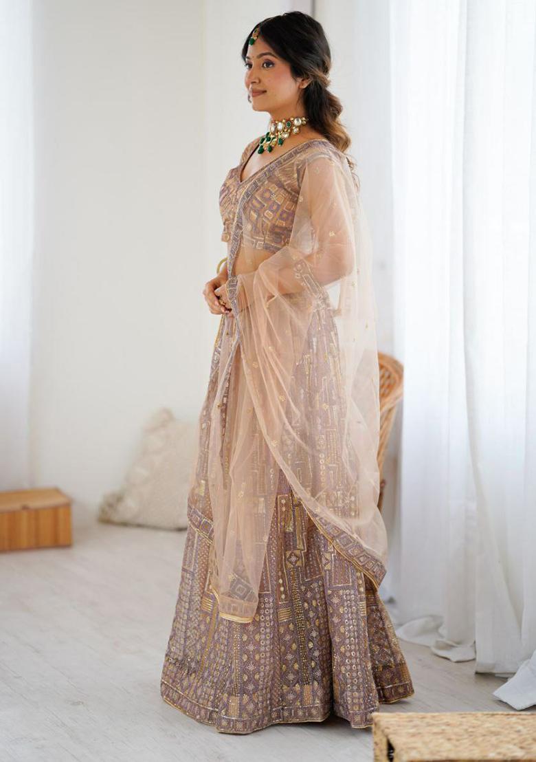 Cream Embroidered Blended Lehenga Set With Dupatta - Indya