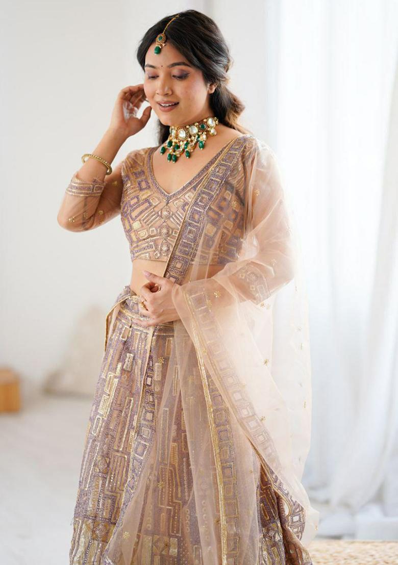 Cream Embroidered Blended Lehenga Set With Dupatta - Indya