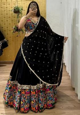 Dark Blue Embroidered Blended Lehenga Set With Dupatta