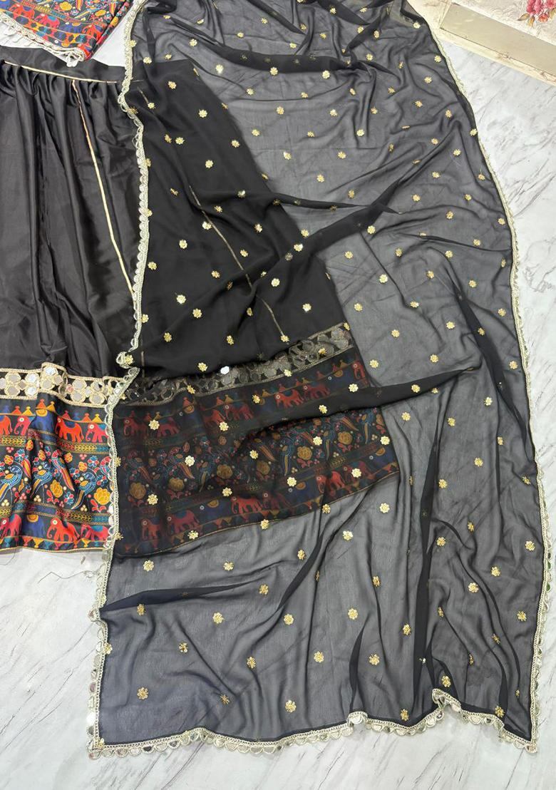 Dark Blue Embroidered Blended Lehenga Set With Dupatta - Indya