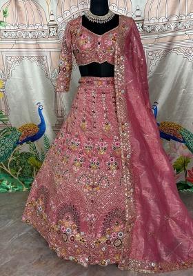 Pink Embroidered Blended Lehenga Set With Dupatta