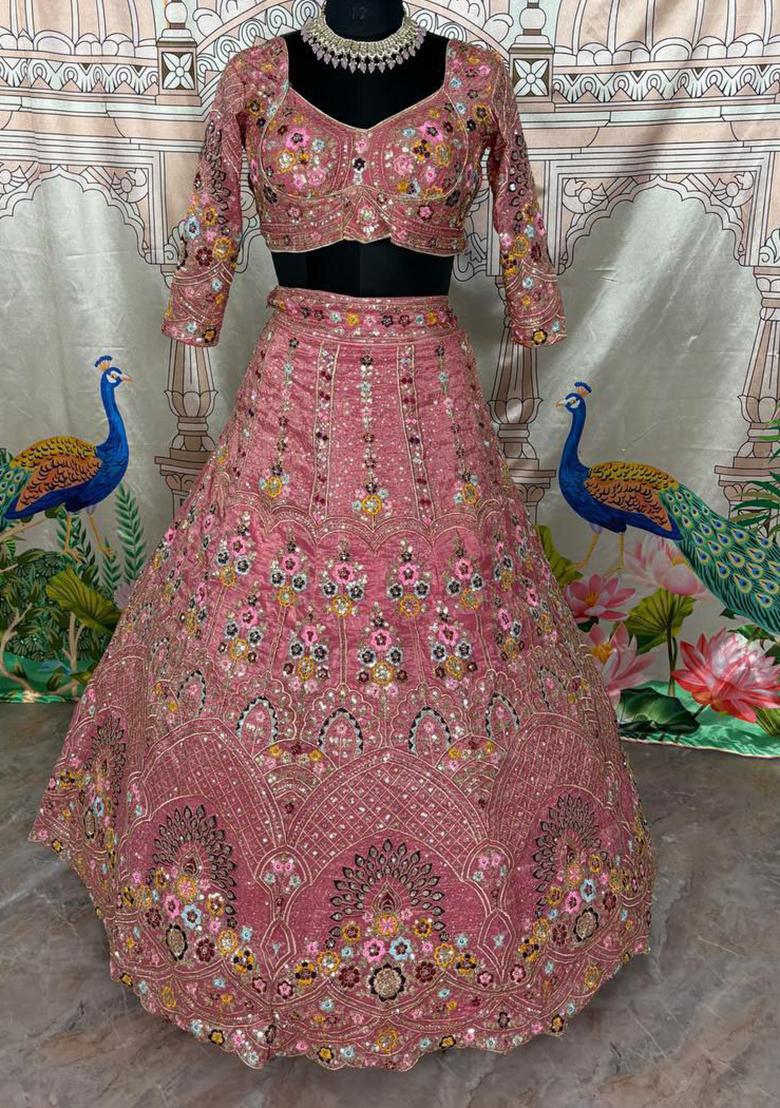 Pink Embroidered Blended Lehenga Set With Dupatta - Indya