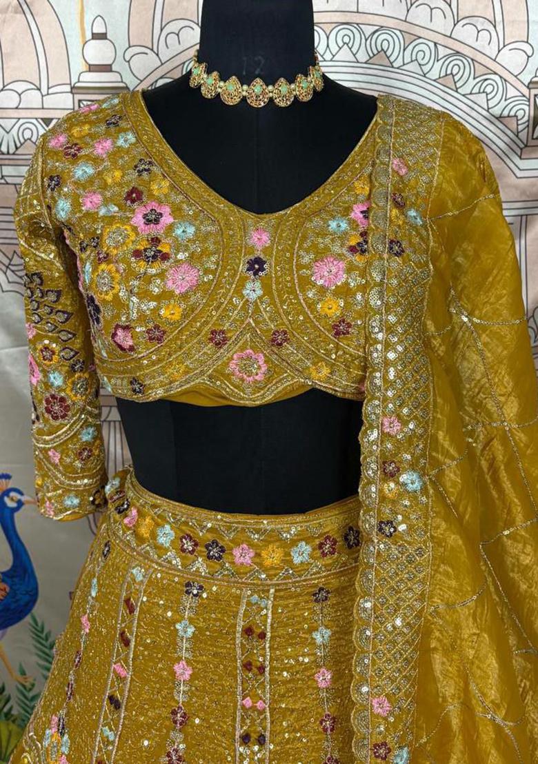 Yellow Embroidered Blended Lehenga Set With Dupatta - Indya