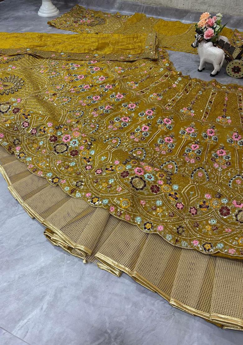 Yellow Embroidered Blended Lehenga Set With Dupatta - Indya