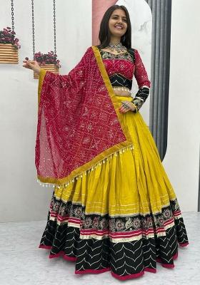 Yellow Embroidered Blended Lehenga Set With Dupatta
