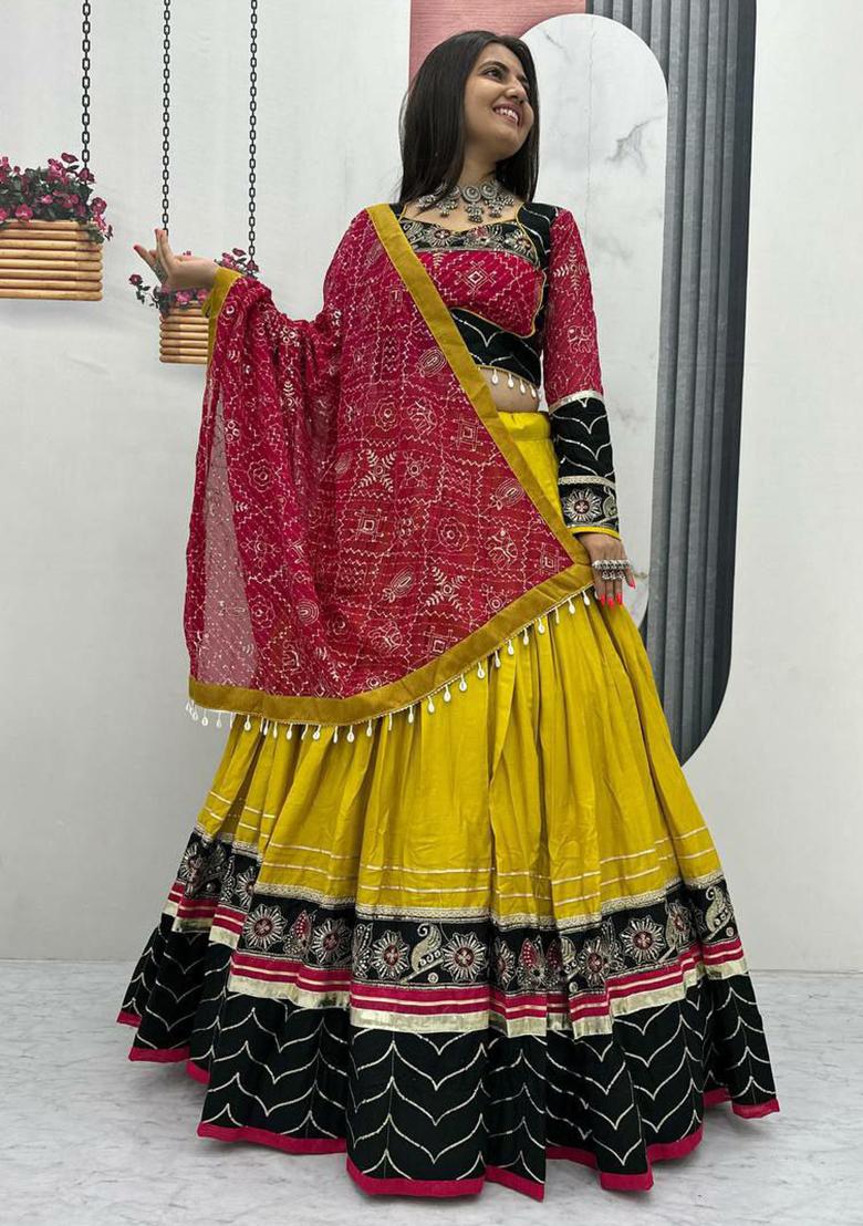 Yellow Embroidered Blended Lehenga Set With Dupatta - Indya