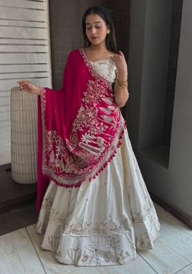 White Embroidered Blended Lehenga Set With Dupatta