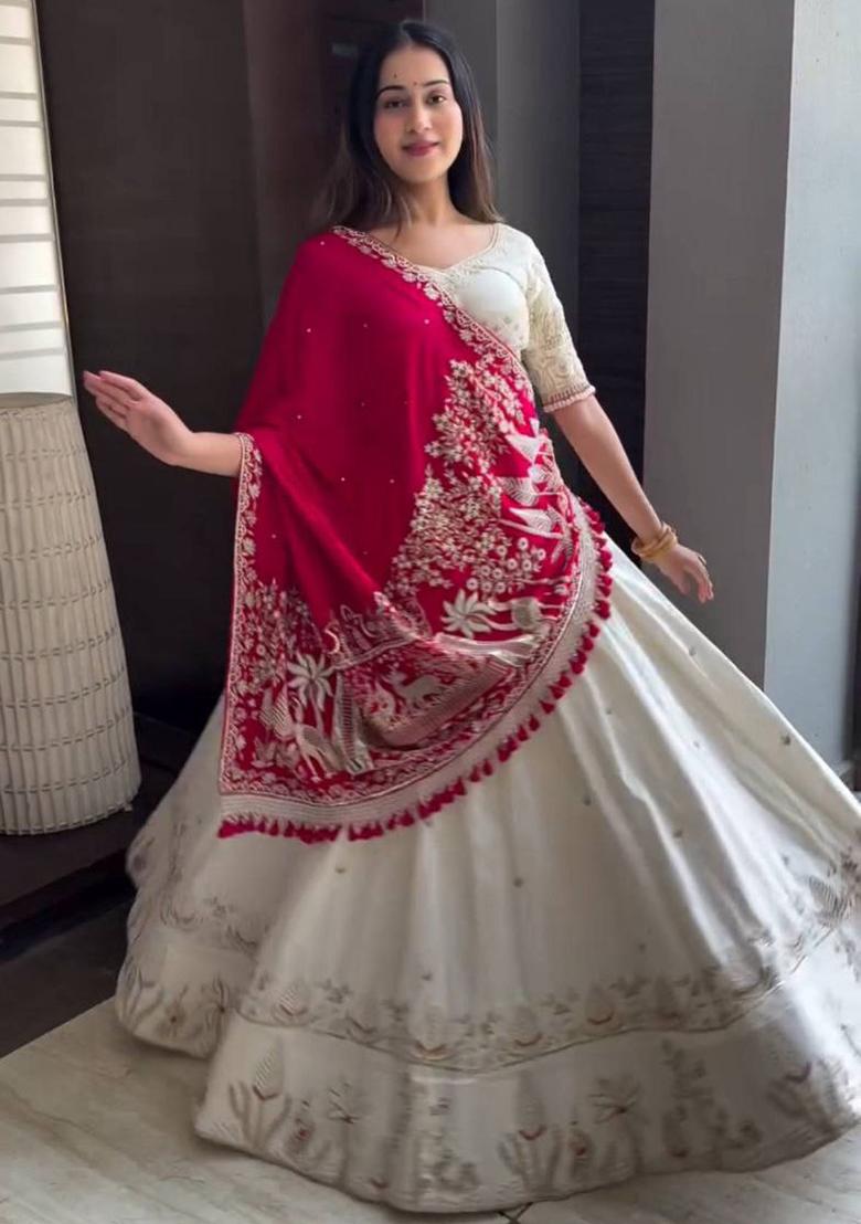 White Embroidered Blended Lehenga Set With Dupatta - Indya