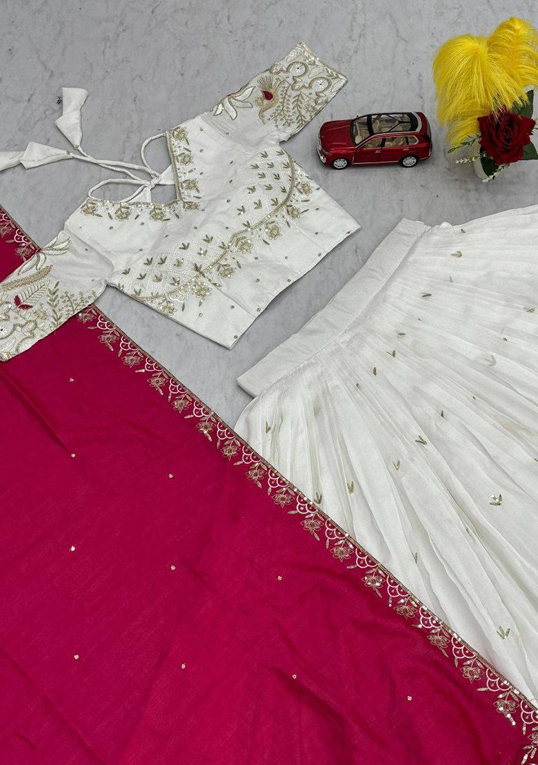 White Embroidered Blended Lehenga Set With Dupatta - Indya
