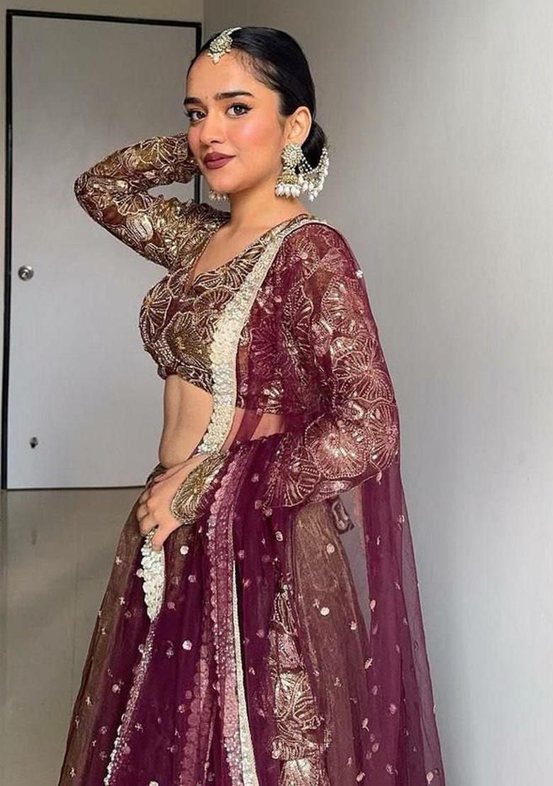 Grey Embroidered Blended Lehenga Set With Dupatta - Indya