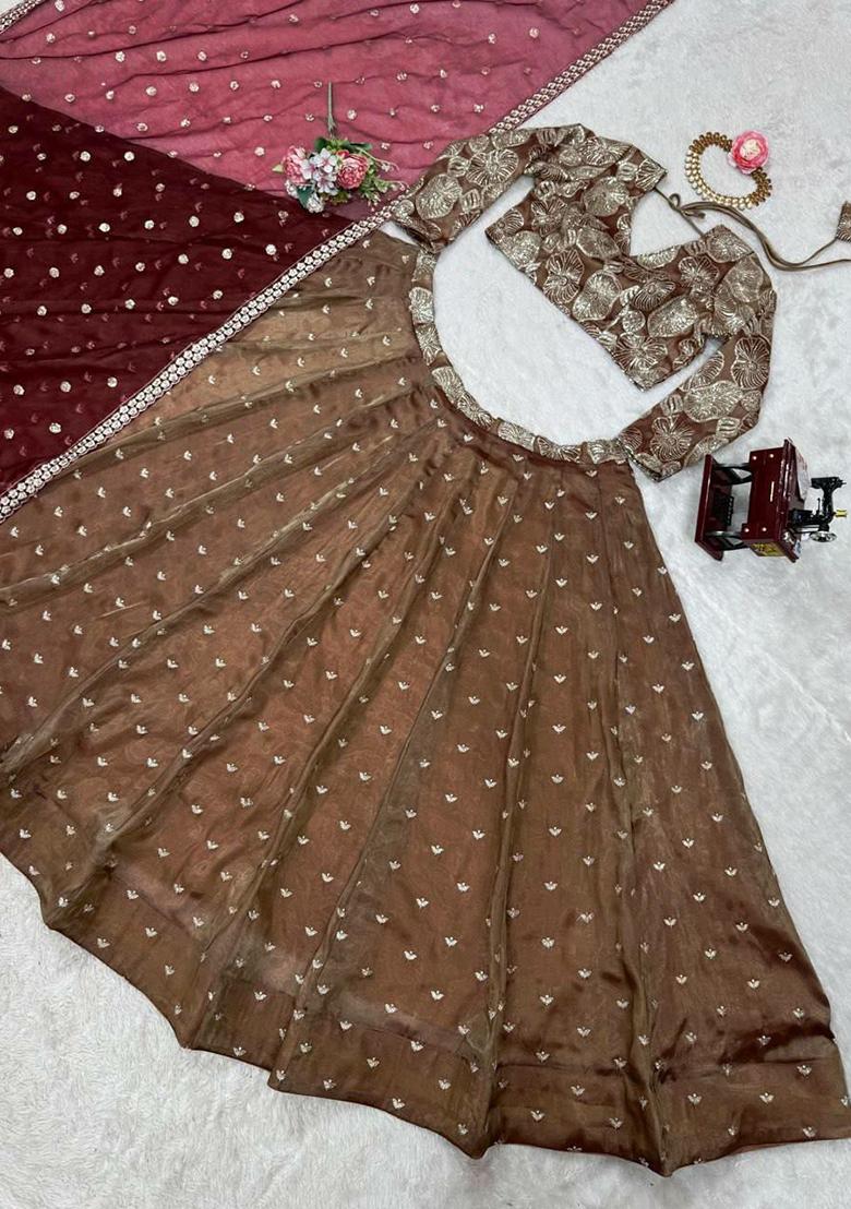 Grey Embroidered Blended Lehenga Set With Dupatta - Indya