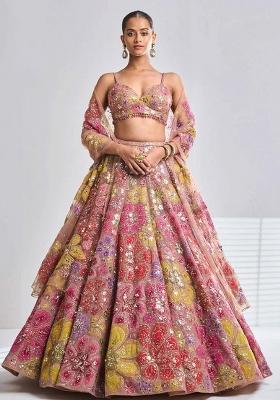 Pink Embroidered Blended Lehenga Set With Dupatta