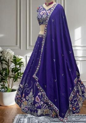 Purple Embroidered Blended Lehenga Set With Dupatta