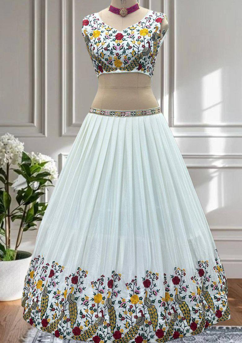White Embroidered Blended Lehenga Set With Dupatta - Indya