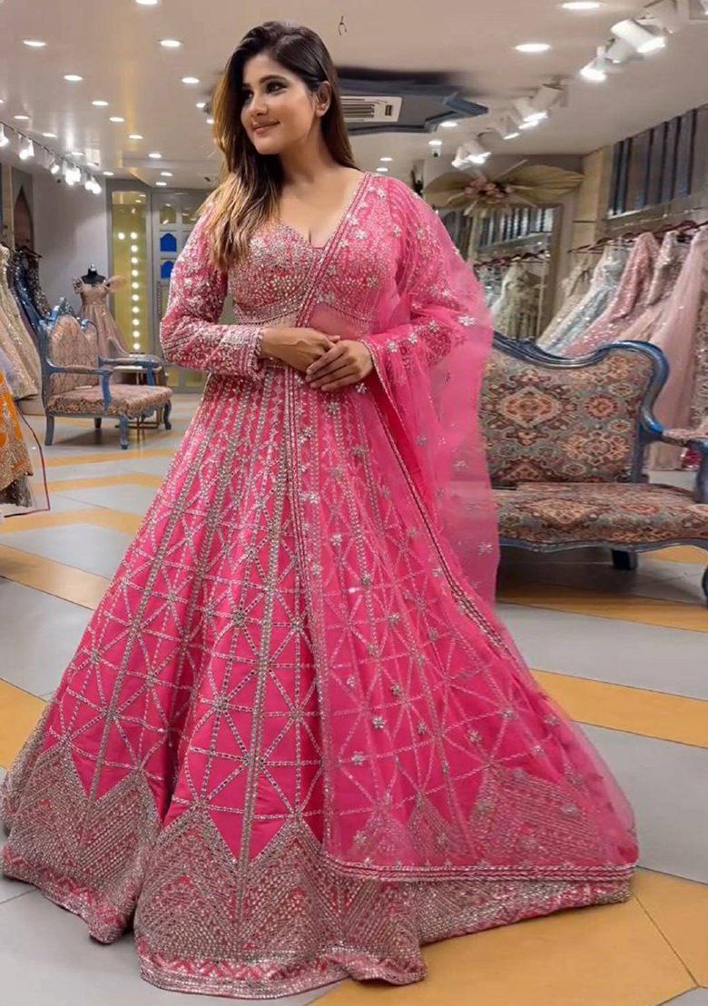Pink Embroidered Blended Lehenga Set With Dupatta - Indya