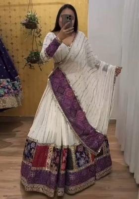 White Embroidered Blended Lehenga Set With Dupatta