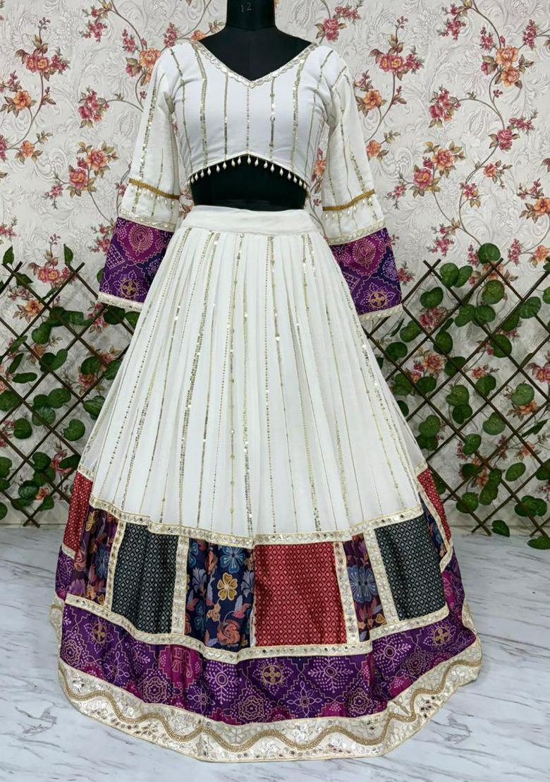 White Embroidered Blended Lehenga Set With Dupatta - Indya