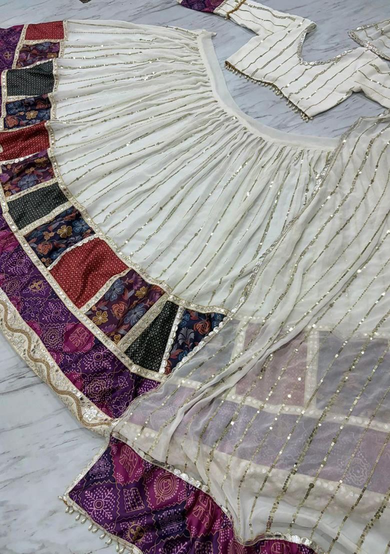 White Embroidered Blended Lehenga Set With Dupatta - Indya