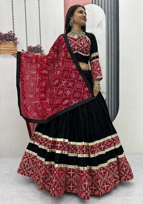 Dark Blue Embroidered Blended Lehenga Set With Dupatta