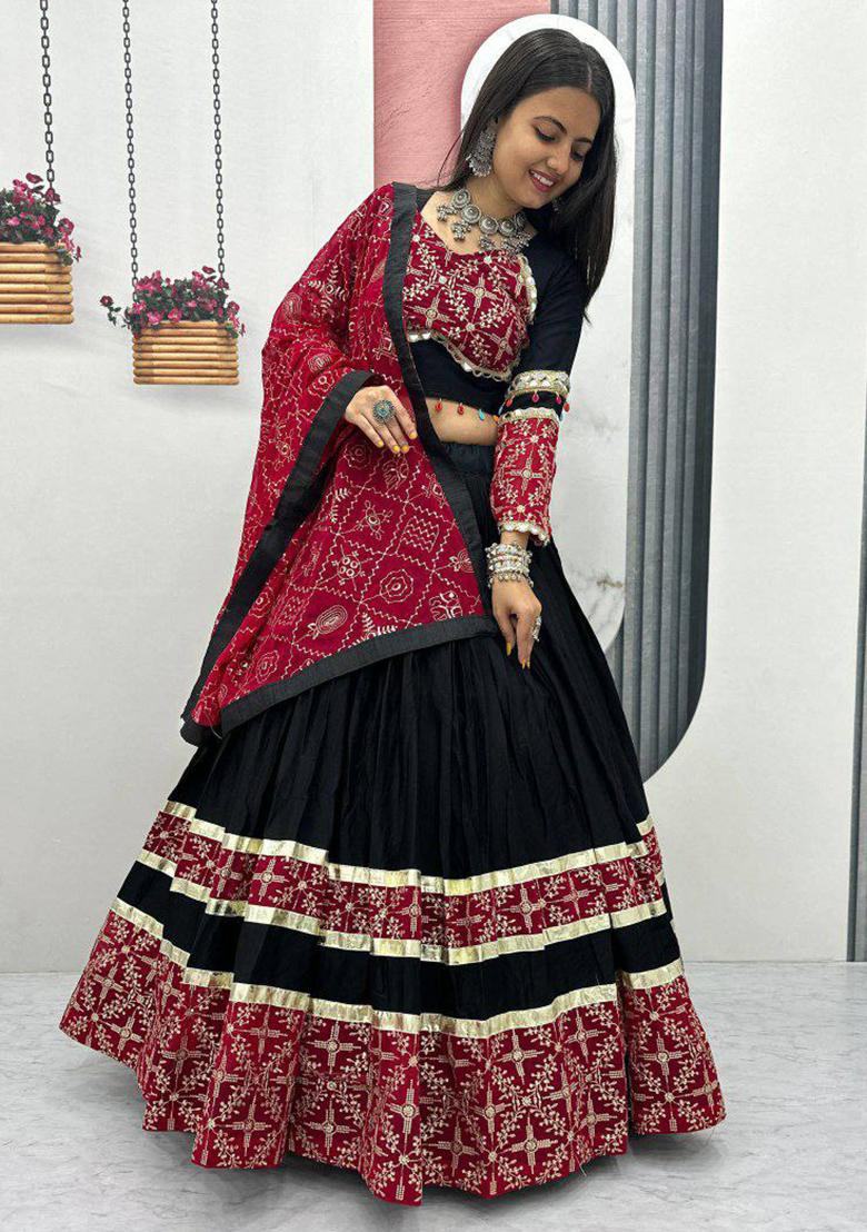 Dark Blue Embroidered Blended Lehenga Set With Dupatta - Indya