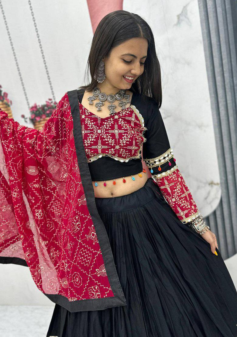 Dark Blue Embroidered Blended Lehenga Set With Dupatta - Indya