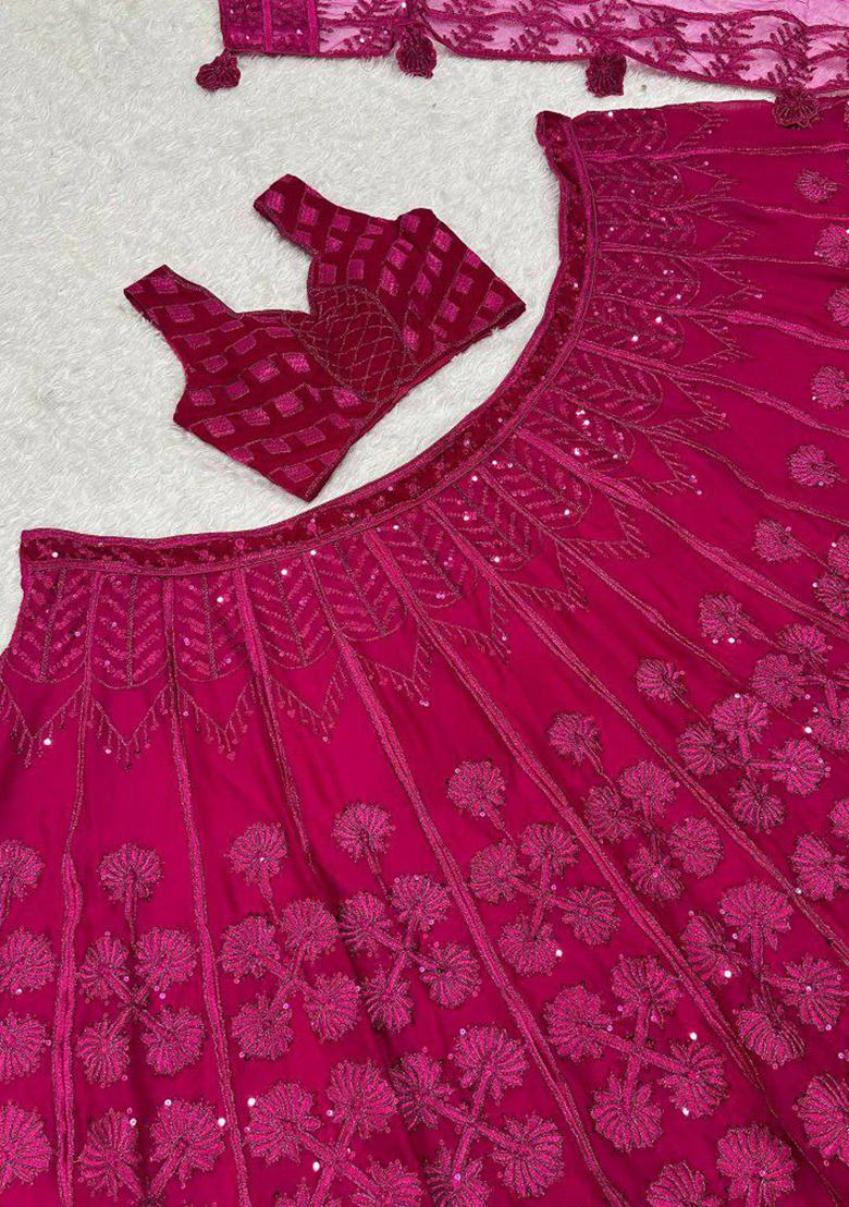 Burgundy Printed Blended Lehenga Set With Dupatta - Indya