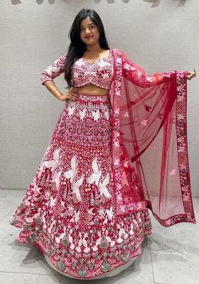 Pink Embroidered Blended Lehenga Set With Dupatta