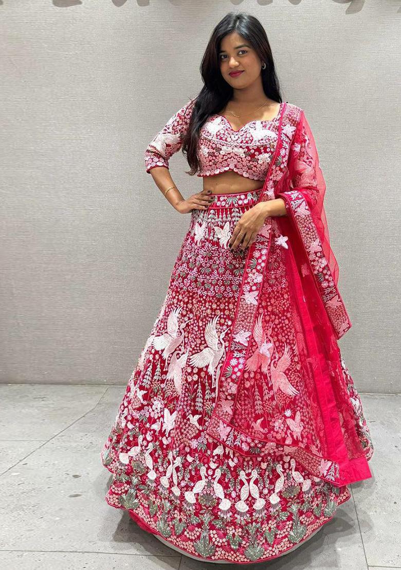 Pink Embroidered Blended Lehenga Set With Dupatta - Indya