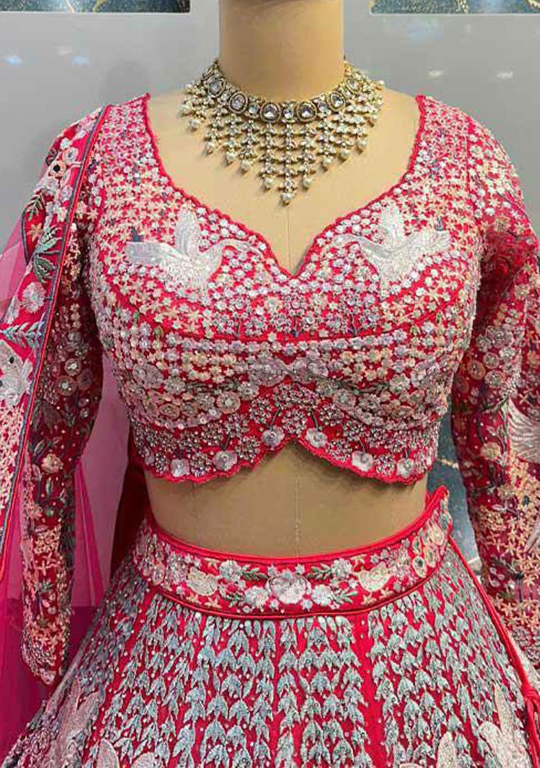 Pink Embroidered Blended Lehenga Set With Dupatta - Indya